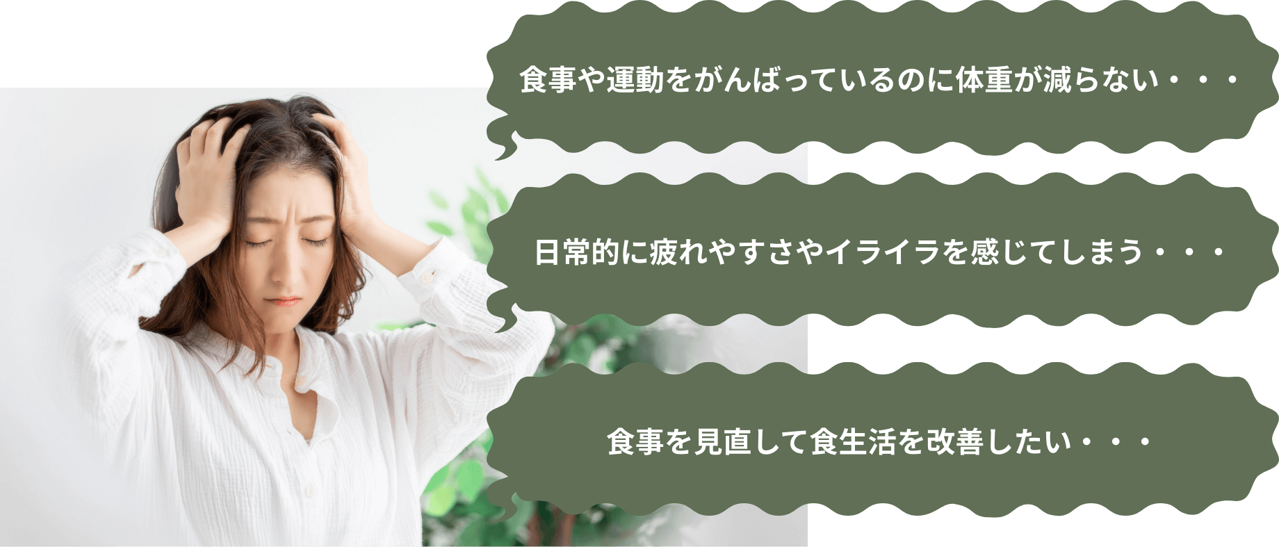 食事や運動をがんばっているのに体重が減らない・・・　日常的に疲れやすさやイライラを感じてしまう・・・　食事を見直して食生活を改善したい・・・